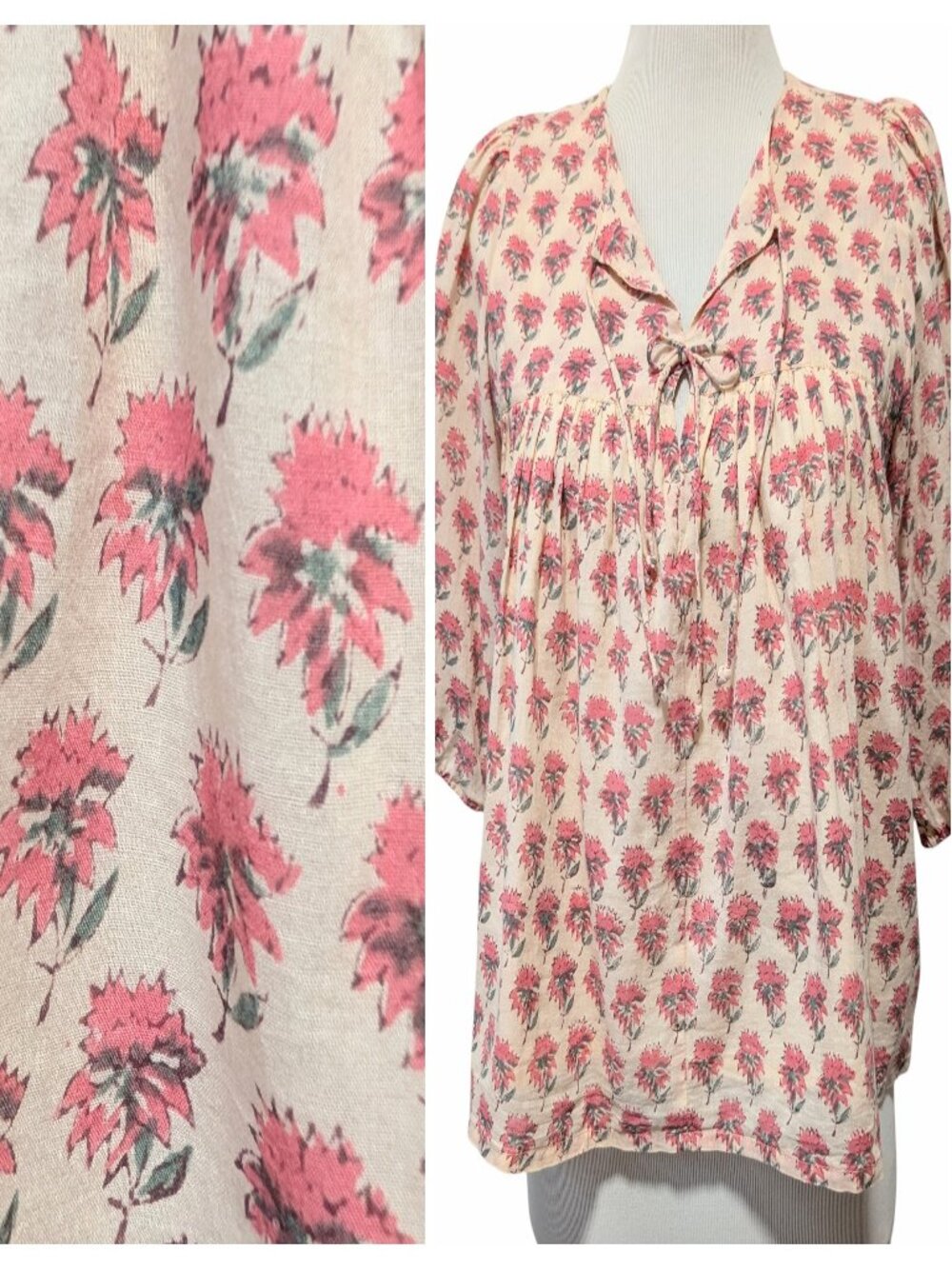 Emerson Fry India Coll Size XS/S Isla Pink Floral Block Print Puff Sleeve Top